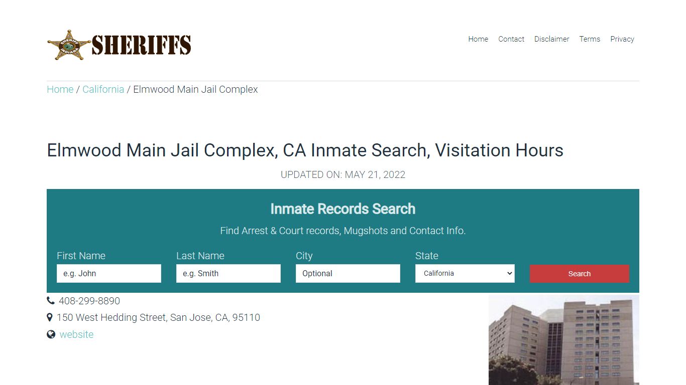 Elmwood Main Jail Complex, CA Inmate Search, Visitation Hours